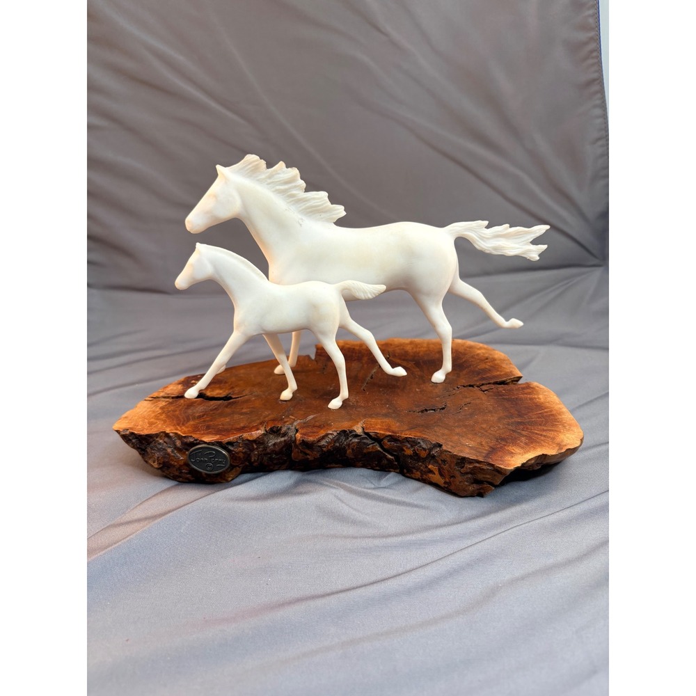 John Perry Mare and Foal Horse Sculpture on Natural Burl Wood Base White Resin